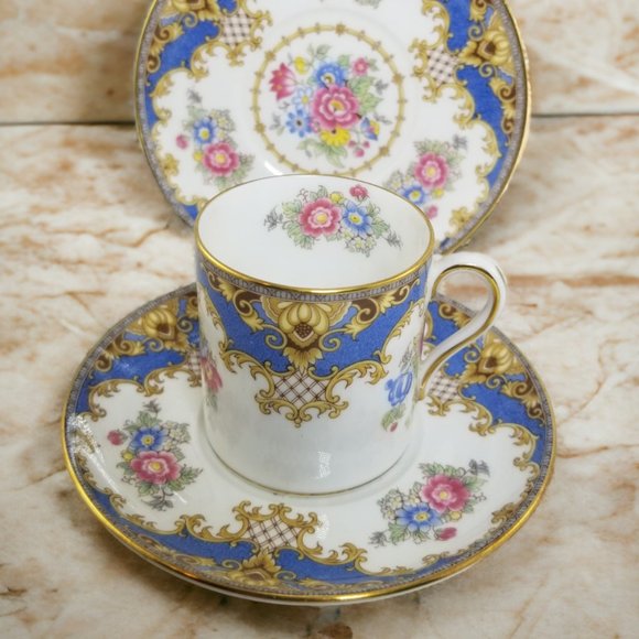 Shelley Bone China Espresso Cup & Saucer Flat Demi Set Sheraton Blue England - Picture 3 of 16